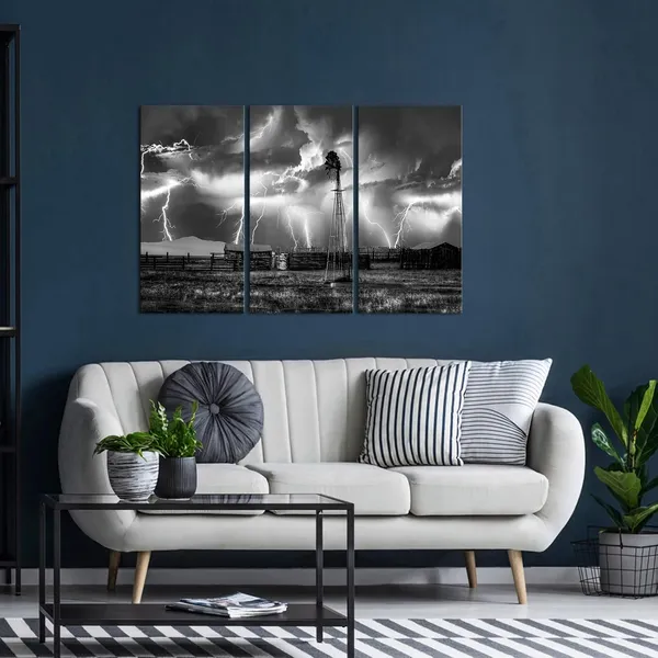 Multicolor_3_Piece_Black_and_White_Wall_Art_Lightning_Strikes_in_The_Clouds_Painting_on_Canvas_Storm_Colorado_Old_Farm_Windmill_Landscape_Picture_Print_|_For_Home_Office_Living_Room_Farmhouse_Decoration