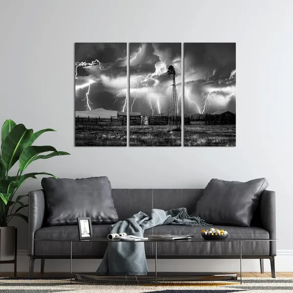 Multicolor_3_Piece_Black_and_White_Wall_Art_Lightning_Strikes_in_The_Clouds_Painting_on_Canvas_Storm_Colorado_Old_Farm_Windmill_Landscape_Picture_Print_|_For_Home_Office_Living_Room_Farmhouse_Decoration