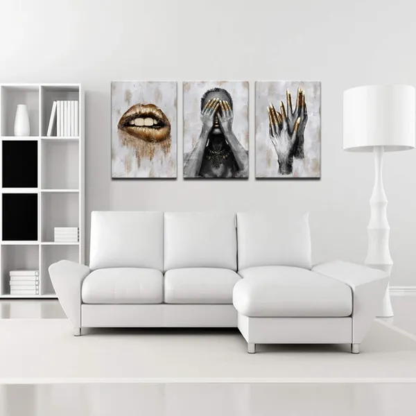 Multicolor_African_American_Canvas_Wall_Art_Black_Woman_with_Golden_Lip_Nails_Painting_Prints_|_For_Bedroom_Beauty_Room_Salon_Decorations_Fashion_Grey_and_Gold_Art_Framed_Ready_to_Hang