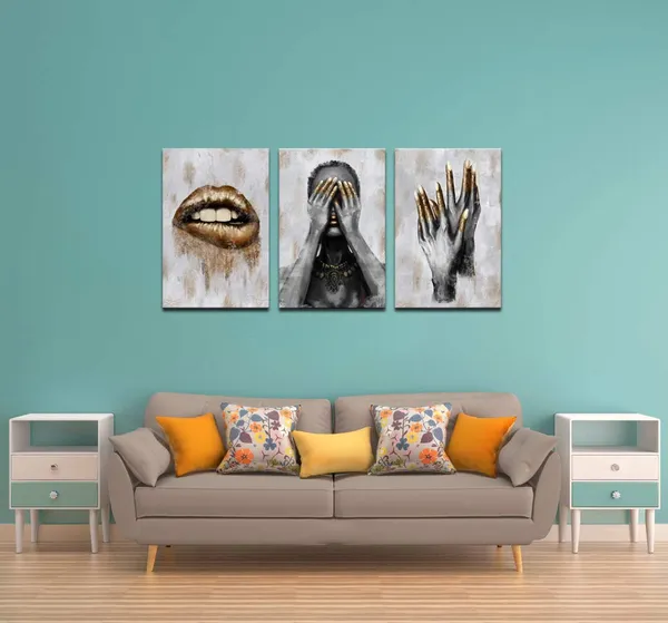 Multicolor_African_American_Canvas_Wall_Art_Black_Woman_with_Golden_Lip_Nails_Painting_Prints_|_For_Bedroom_Beauty_Room_Salon_Decorations_Fashion_Grey_and_Gold_Art_Framed_Ready_to_Hang