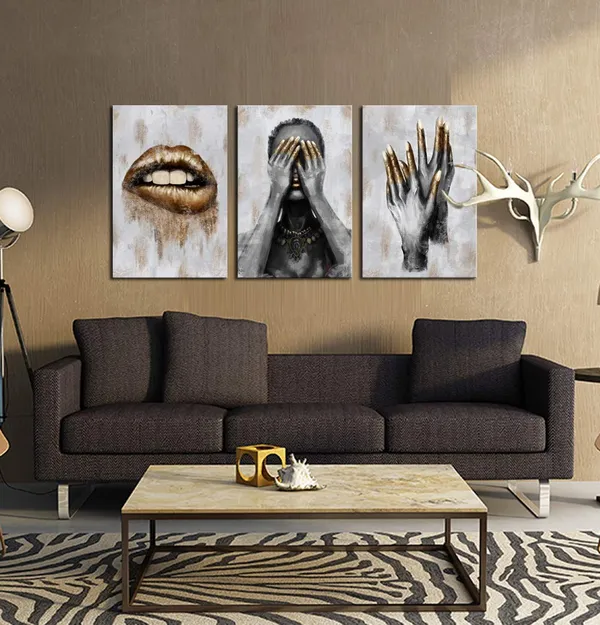 Multicolor_African_American_Canvas_Wall_Art_Black_Woman_with_Golden_Lip_Nails_Painting_Prints_|_For_Bedroom_Beauty_Room_Salon_Decorations_Fashion_Grey_and_Gold_Art_Framed_Ready_to_Hang