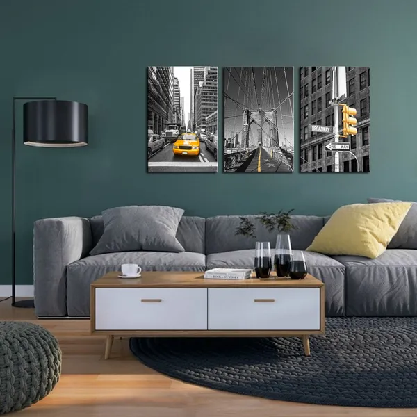 Multicolor_Black_and_Yellow_York_City_Wall_Art_Taxi_Brooklyn_Bridge_Picture_Photo_Canvas_Print_Art_with_Wood_Frame,Modern_Home_Office_Wall_Decoration_Giclee_Print_Framed_Art