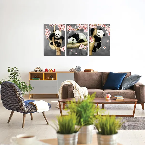 Multicolor_Animal_Canvas_Wall_Art_Modern_Animals_Painting_Pandas_Playing_on_Trees_Branches_Wall_Decal_Stretched_and_Framed_Artwork_|_For_Kids_Bedroom_Living_Room_Decor
