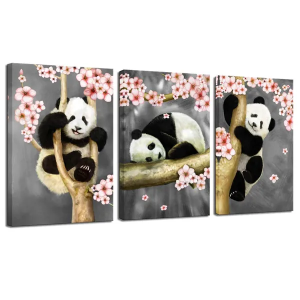 Multicolor_Animal_Canvas_Wall_Art_Modern_Animals_Painting_Pandas_Playing_on_Trees_Branches_Wall_Decal_Stretched_and_Framed_Artwork_|_For_Kids_Bedroom_Living_Room_Decor