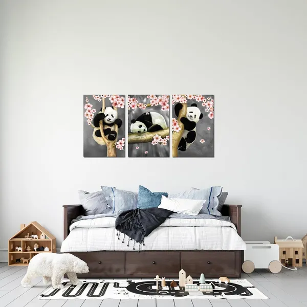 Multicolor_Animal_Canvas_Wall_Art_Modern_Animals_Painting_Pandas_Playing_on_Trees_Branches_Wall_Decal_Stretched_and_Framed_Artwork_|_For_Kids_Bedroom_Living_Room_Decor