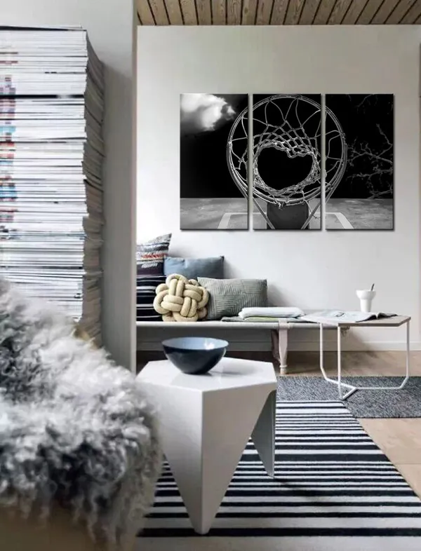 Multicolor_3_Panel_Canvas_Prints_Black_and_White_Basketball_Hoop_Pictures_Wall_Art_Sports_Artwork_Gallery_Canvas_Wrapped_Ready_yo_Hang_Modern_Man_Boys_Bedroom_Wall_Decor