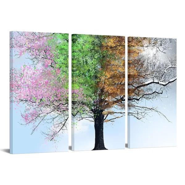 Multicolor_3_Panel_Wall_Art,_Colorful_Four_Seasons_Tree_in_Sunshine_Canvas_Print_Painting,_Large_Giclee_Artwork_|_For_Modern_Home_Living_Room_Decor_Framed_Ready_to_Hang
