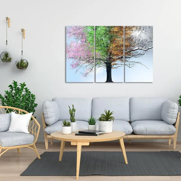 Multicolor_3_Panel_Wall_Art,_Colorful_Four_Seasons_Tree_in_Sunshine_Canvas_Print_Painting,_Large_Giclee_Artwork_|_For_Modern_Home_Living_Room_Decor_Framed_Ready_to_Hang
