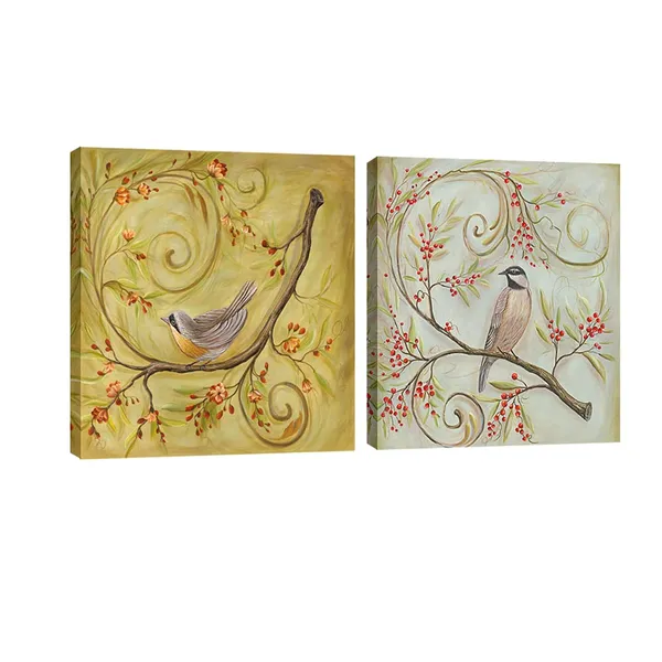 Multicolor_Birds_and_Flower_Canvas_Prints_Wall_Art_Blooming_Trees_Pictures_by_Floral_Oil_Paintings_Style_|_For_Living_Room_Bedroom_Home_Office_Decorations_2_Pieces_Modern_Giclee_Landscape_Artwork