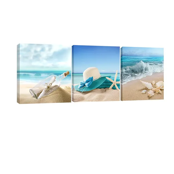 Multicolor_3_Panels_Starfish_Seashell_Bottle_Beach_Pictures_on_Canvas_Wall_Art_Modern_Seascape_Stretched_and_Framed_Giclee_Canvas_Prints_Seaview_Landscape_Artwork_|_For_Bedroom_Home_Office_Decorations