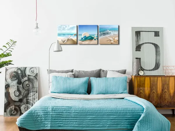 Multicolor_3_Panels_Starfish_Seashell_Bottle_Beach_Pictures_on_Canvas_Wall_Art_Modern_Seascape_Stretched_and_Framed_Giclee_Canvas_Prints_Seaview_Landscape_Artwork_|_For_Bedroom_Home_Office_Decorations