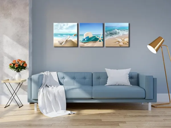 Multicolor_3_Panels_Starfish_Seashell_Bottle_Beach_Pictures_on_Canvas_Wall_Art_Modern_Seascape_Stretched_and_Framed_Giclee_Canvas_Prints_Seaview_Landscape_Artwork_|_For_Bedroom_Home_Office_Decorations
