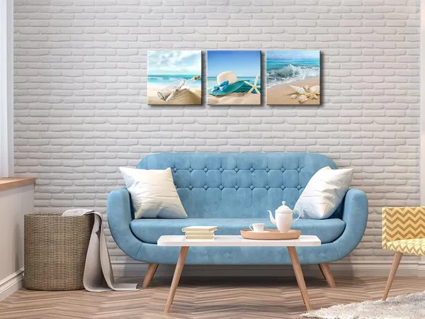Multicolor_3_Panels_Starfish_Seashell_Bottle_Beach_Pictures_on_Canvas_Wall_Art_Modern_Seascape_Stretched_and_Framed_Giclee_Canvas_Prints_Seaview_Landscape_Artwork_|_For_Bedroom_Home_Office_Decorations