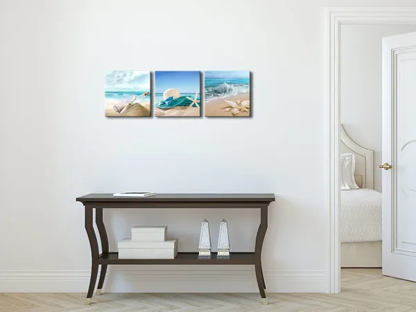 Multicolor_3_Panels_Starfish_Seashell_Bottle_Beach_Pictures_on_Canvas_Wall_Art_Modern_Seascape_Stretched_and_Framed_Giclee_Canvas_Prints_Seaview_Landscape_Artwork_|_For_Bedroom_Home_Office_Decorations