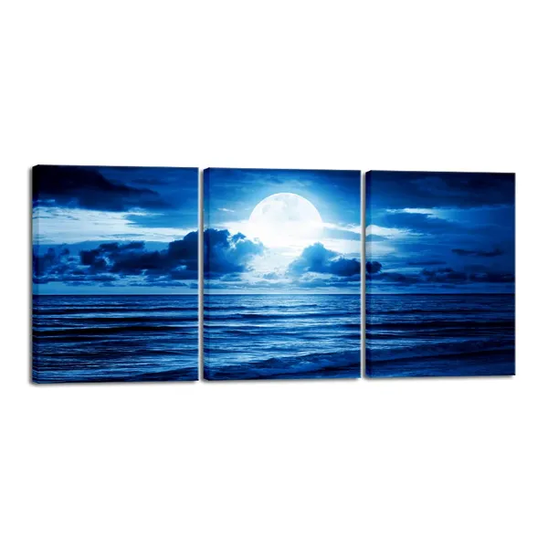 Multicolor_Modern_3_Panels_Blue_Clouds_Landscape_Canvas_Prints_Wall_Art_Moon_Sea_Beach_Pictures_Paintings_Artwork_|_For_Living_Room_Bedroom_Home_Decorations_AH3003-3040