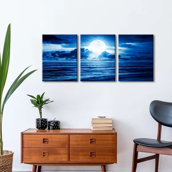 Multicolor_Modern_3_Panels_Blue_Clouds_Landscape_Canvas_Prints_Wall_Art_Moon_Sea_Beach_Pictures_Paintings_Artwork_|_For_Living_Room_Bedroom_Home_Decorations_AH3003-3040