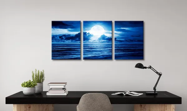 Multicolor_Modern_3_Panels_Blue_Clouds_Landscape_Canvas_Prints_Wall_Art_Moon_Sea_Beach_Pictures_Paintings_Artwork_|_For_Living_Room_Bedroom_Home_Decorations_AH3003-3040