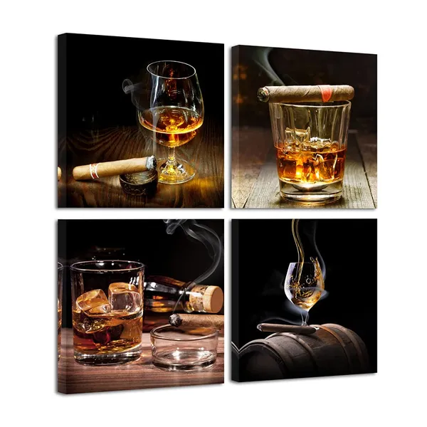 Multicolor_Cigar_Wine_Whisky_Canvas_Prints_Wall_Art_Liquor_Still_Life_Pictures_Paintings_|_For_Kitchen_Bar_Pub_Home_Decorations_4_Piece_Modern_Stretched_and_Framed_Ready_to_Hang_Giclee_Artwork