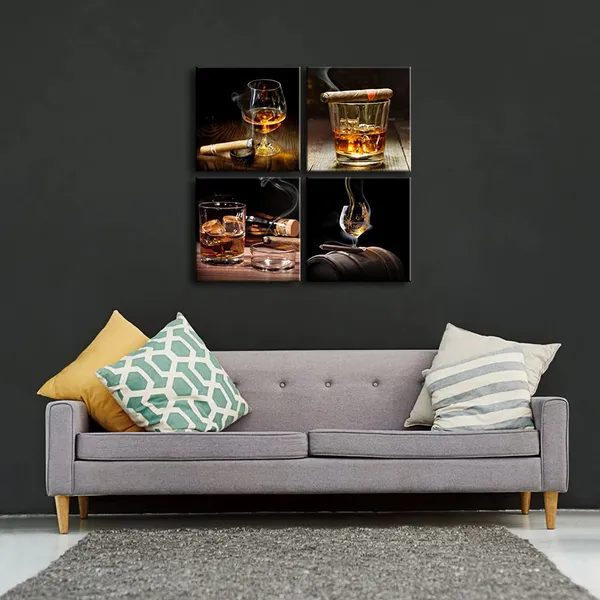 Multicolor_Cigar_Wine_Whisky_Canvas_Prints_Wall_Art_Liquor_Still_Life_Pictures_Paintings_|_For_Kitchen_Bar_Pub_Home_Decorations_4_Piece_Modern_Stretched_and_Framed_Ready_to_Hang_Giclee_Artwork