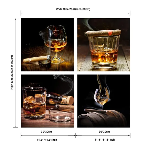 Multicolor_Cigar_Wine_Whisky_Canvas_Prints_Wall_Art_Liquor_Still_Life_Pictures_Paintings_|_For_Kitchen_Bar_Pub_Home_Decorations_4_Piece_Modern_Stretched_and_Framed_Ready_to_Hang_Giclee_Artwork