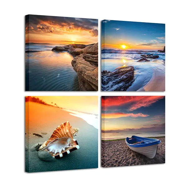 Multicolor_Sunset_Sea_Beach_Modern_Seascape_Pictures_Paintings_on_Canvas_Wall_Art_4_Panels_Stretched_and_Framed_Giclee_Canvas_Prints_Artwork_|_For_Living_Room_Bedroom_Home_Office_Decorations