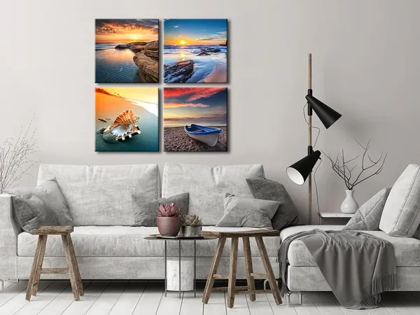 Multicolor_Sunset_Sea_Beach_Modern_Seascape_Pictures_Paintings_on_Canvas_Wall_Art_4_Panels_Stretched_and_Framed_Giclee_Canvas_Prints_Artwork_|_For_Living_Room_Bedroom_Home_Office_Decorations