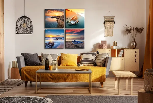 Multicolor_Sunset_Sea_Beach_Modern_Seascape_Pictures_Paintings_on_Canvas_Wall_Art_4_Panels_Stretched_and_Framed_Giclee_Canvas_Prints_Artwork_|_For_Living_Room_Bedroom_Home_Office_Decorations
