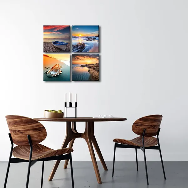 Multicolor_Sunset_Sea_Beach_Modern_Seascape_Pictures_Paintings_on_Canvas_Wall_Art_4_Panels_Stretched_and_Framed_Giclee_Canvas_Prints_Artwork_|_For_Living_Room_Bedroom_Home_Office_Decorations
