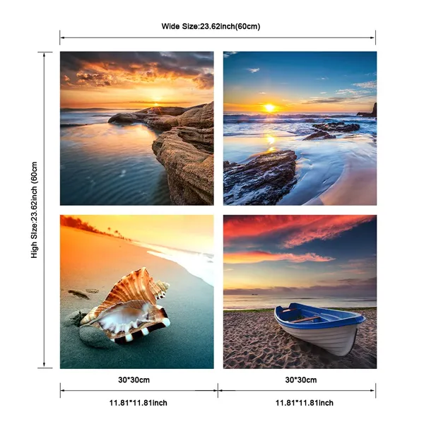 Multicolor_Sunset_Sea_Beach_Modern_Seascape_Pictures_Paintings_on_Canvas_Wall_Art_4_Panels_Stretched_and_Framed_Giclee_Canvas_Prints_Artwork_|_For_Living_Room_Bedroom_Home_Office_Decorations