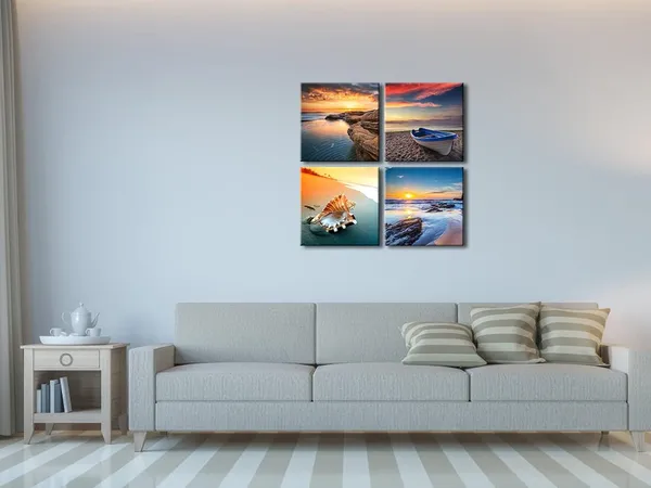 Multicolor_Sunset_Sea_Beach_Modern_Seascape_Pictures_Paintings_on_Canvas_Wall_Art_4_Panels_Stretched_and_Framed_Giclee_Canvas_Prints_Artwork_|_For_Living_Room_Bedroom_Home_Office_Decorations
