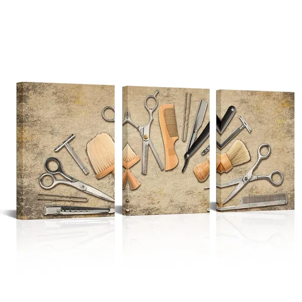 Multicolor_Barber_Canvas_Wall_Art_Hair_Salon_Artwork_Painting_Prints_Vintage_Haircut_Tools_Picture_Black_Barber_Shop_Pictures_Fashion_Beauty_Salon_Decor_|_For_Hair_Stylist_12"x16"x3pcs_(Beige)