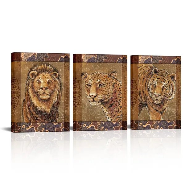 Multicolor_Wild_Animal_Canvas_Wall_Art_Leopard_Lion_Tiger_Pictures_Portrait_Wildlife_Paintings_Safari_Animal_Artwork_|_For_Kids_Room_Bedroom_Decor_(Small)