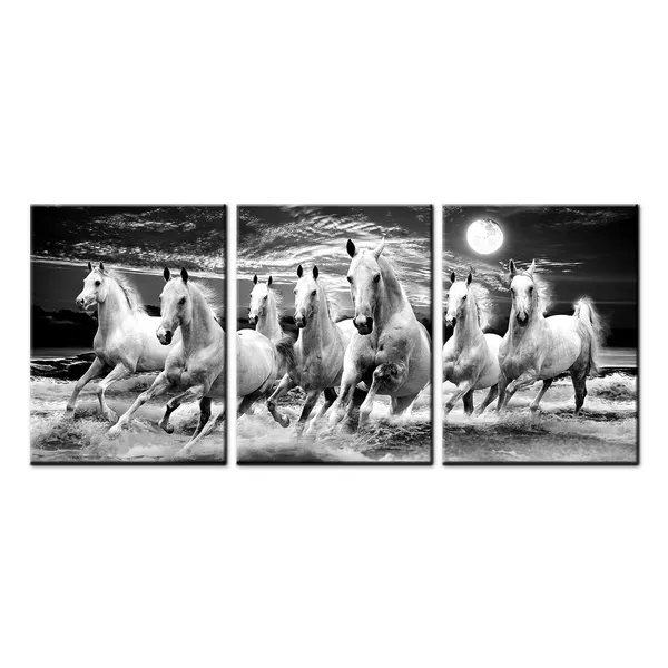 Multicolor_Horse_Canvas_Wall_Art_Wild_Animal_Picture_Prints_White_Running_Horse_under_Full_Moon_Painting_Black_White_Artwork_Framed_|_For_Living_Room_Office_12''x16''x3panels
