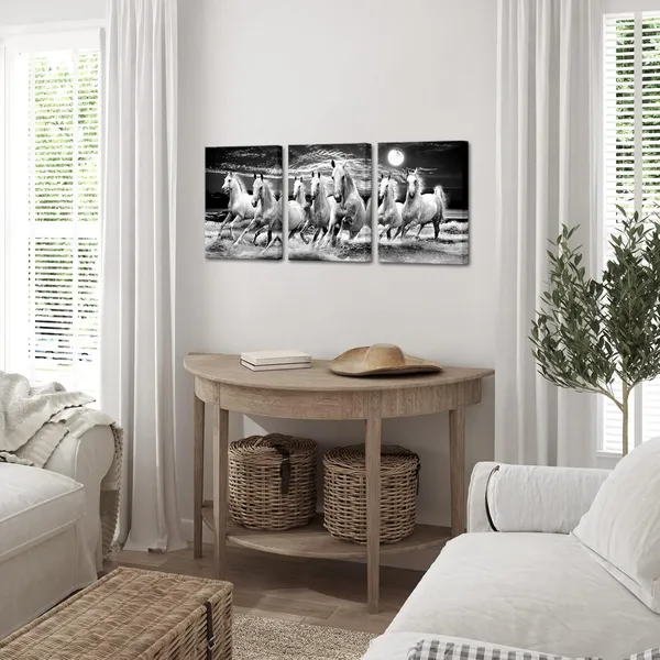 Multicolor_Horse_Canvas_Wall_Art_Wild_Animal_Picture_Prints_White_Running_Horse_under_Full_Moon_Painting_Black_White_Artwork_Framed_|_For_Living_Room_Office_12''x16''x3panels