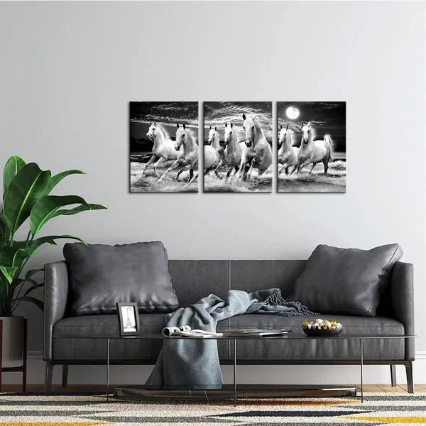 Multicolor_Horse_Canvas_Wall_Art_Wild_Animal_Picture_Prints_White_Running_Horse_under_Full_Moon_Painting_Black_White_Artwork_Framed_|_For_Living_Room_Office_12''x16''x3panels