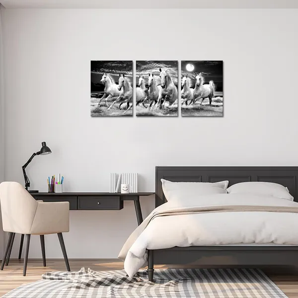 Multicolor_Horse_Canvas_Wall_Art_Wild_Animal_Picture_Prints_White_Running_Horse_under_Full_Moon_Painting_Black_White_Artwork_Framed_|_For_Living_Room_Office_12''x16''x3panels