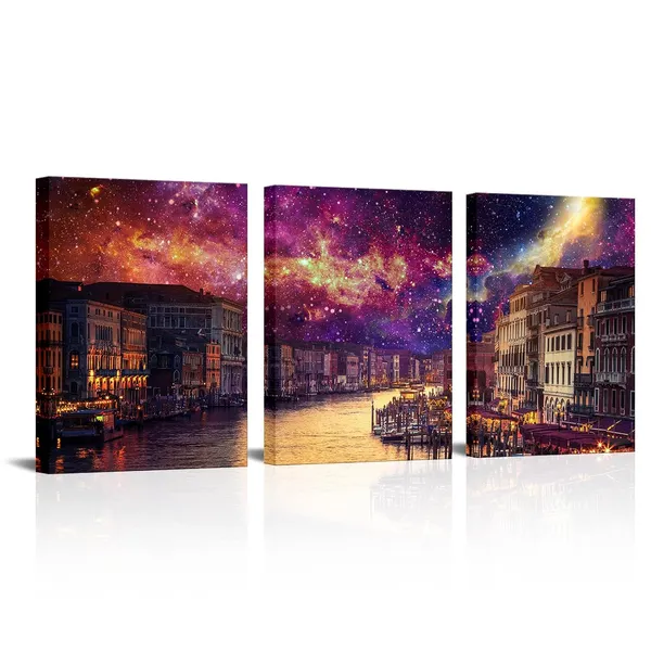 Multicolor_Venice_Wall_Art_Canvas_Italy_Grand_Canal_Picture_Galaxy_Venice_Skyline_Prints_Rialto_Bridge_Night_Cityscape_Artwork_Stretch_and_Framed_12''x16''x3_Panels