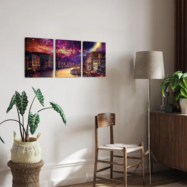 Multicolor_Venice_Wall_Art_Canvas_Italy_Grand_Canal_Picture_Galaxy_Venice_Skyline_Prints_Rialto_Bridge_Night_Cityscape_Artwork_Stretch_and_Framed_12''x16''x3_Panels