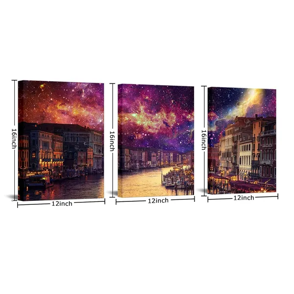 Multicolor_Venice_Wall_Art_Canvas_Italy_Grand_Canal_Picture_Galaxy_Venice_Skyline_Prints_Rialto_Bridge_Night_Cityscape_Artwork_Stretch_and_Framed_12''x16''x3_Panels