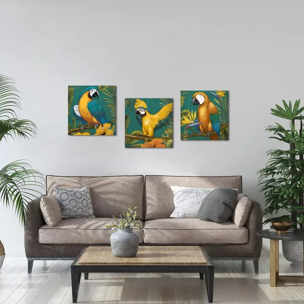 Multicolor_Parrot_Canvas_Wall_Art_Tropical_Birds_Paintings_Green_Parrot_Leaves_Wall_Picture_Summer_Hawaii_Bird_Theme_Artwork_Gallery_Wrapped_12''x12''x3pcs