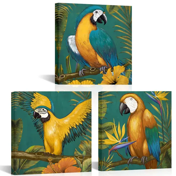 Multicolor_Parrot_Canvas_Wall_Art_Tropical_Birds_Paintings_Green_Parrot_Leaves_Wall_Picture_Summer_Hawaii_Bird_Theme_Artwork_Gallery_Wrapped_12''x12''x3pcs