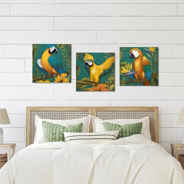 Multicolor_Parrot_Canvas_Wall_Art_Tropical_Birds_Paintings_Green_Parrot_Leaves_Wall_Picture_Summer_Hawaii_Bird_Theme_Artwork_Gallery_Wrapped_12''x12''x3pcs