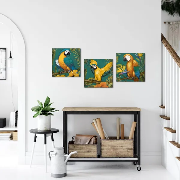 Multicolor_Parrot_Canvas_Wall_Art_Tropical_Birds_Paintings_Green_Parrot_Leaves_Wall_Picture_Summer_Hawaii_Bird_Theme_Artwork_Gallery_Wrapped_12''x12''x3pcs