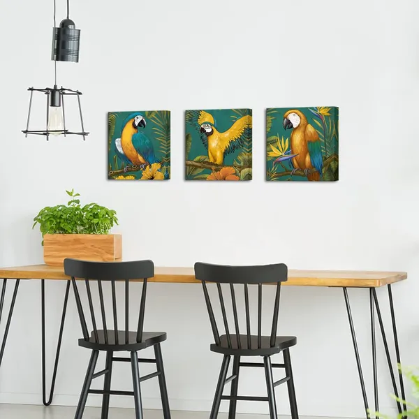 Multicolor_Parrot_Canvas_Wall_Art_Tropical_Birds_Paintings_Green_Parrot_Leaves_Wall_Picture_Summer_Hawaii_Bird_Theme_Artwork_Gallery_Wrapped_12''x12''x3pcs