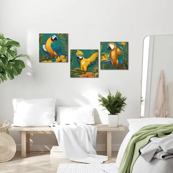 Multicolor_Parrot_Canvas_Wall_Art_Tropical_Birds_Paintings_Green_Parrot_Leaves_Wall_Picture_Summer_Hawaii_Bird_Theme_Artwork_Gallery_Wrapped_12''x12''x3pcs