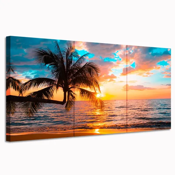 Multicolor_Tropical_Beach_Wall_Art_Canvas_Sunset_Palm_Tree_Painting_Ocean_Seascape_Picture_Prints_|_For_Living_Room_Bedroom_Wall_Decor_12''x16''x3_Panels