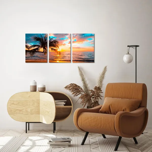 Multicolor_Tropical_Beach_Wall_Art_Canvas_Sunset_Palm_Tree_Painting_Ocean_Seascape_Picture_Prints_|_For_Living_Room_Bedroom_Wall_Decor_12''x16''x3_Panels