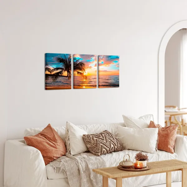 Multicolor_Tropical_Beach_Wall_Art_Canvas_Sunset_Palm_Tree_Painting_Ocean_Seascape_Picture_Prints_|_For_Living_Room_Bedroom_Wall_Decor_12''x16''x3_Panels