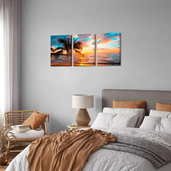 Multicolor_Tropical_Beach_Wall_Art_Canvas_Sunset_Palm_Tree_Painting_Ocean_Seascape_Picture_Prints_|_For_Living_Room_Bedroom_Wall_Decor_12''x16''x3_Panels