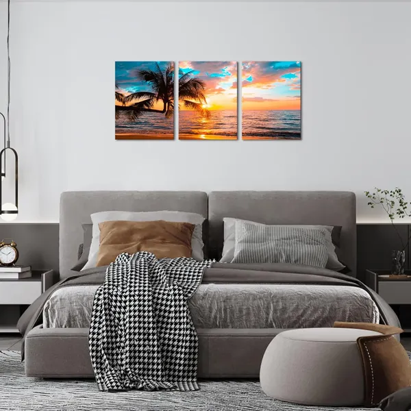 Multicolor_Tropical_Beach_Wall_Art_Canvas_Sunset_Palm_Tree_Painting_Ocean_Seascape_Picture_Prints_|_For_Living_Room_Bedroom_Wall_Decor_12''x16''x3_Panels